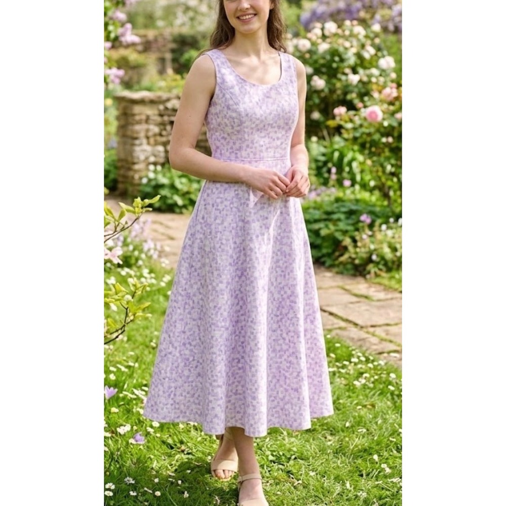 Ann Taylor Silk Linen Purple Mosaic Print Sleeveless V-Neck Sheath Dress‎ 8